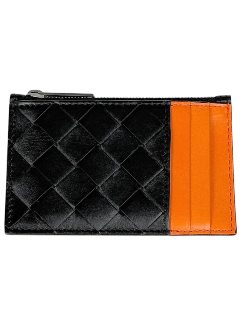 Bottega Veneta Card Case Intrecciato Fragment Leather Black Orange